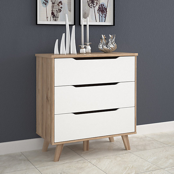 Commode 3 tiroirs décor chêne et blanc pieds bois massif - ALBANE