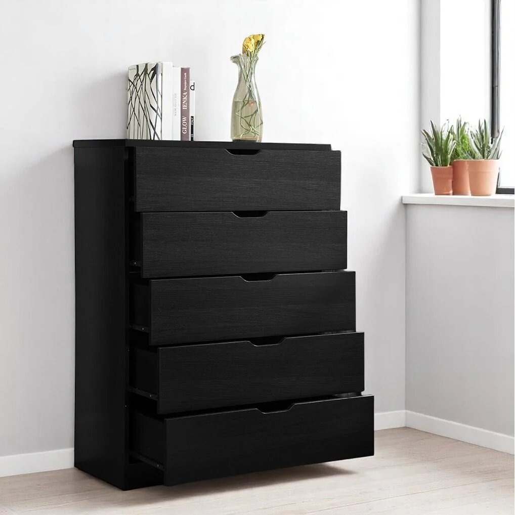 5-Drawer Dresser Storage Cabinet, Black Chest Organizer with Metal Glides and Cutout Handles for Bedroom, Closet, or Entryway