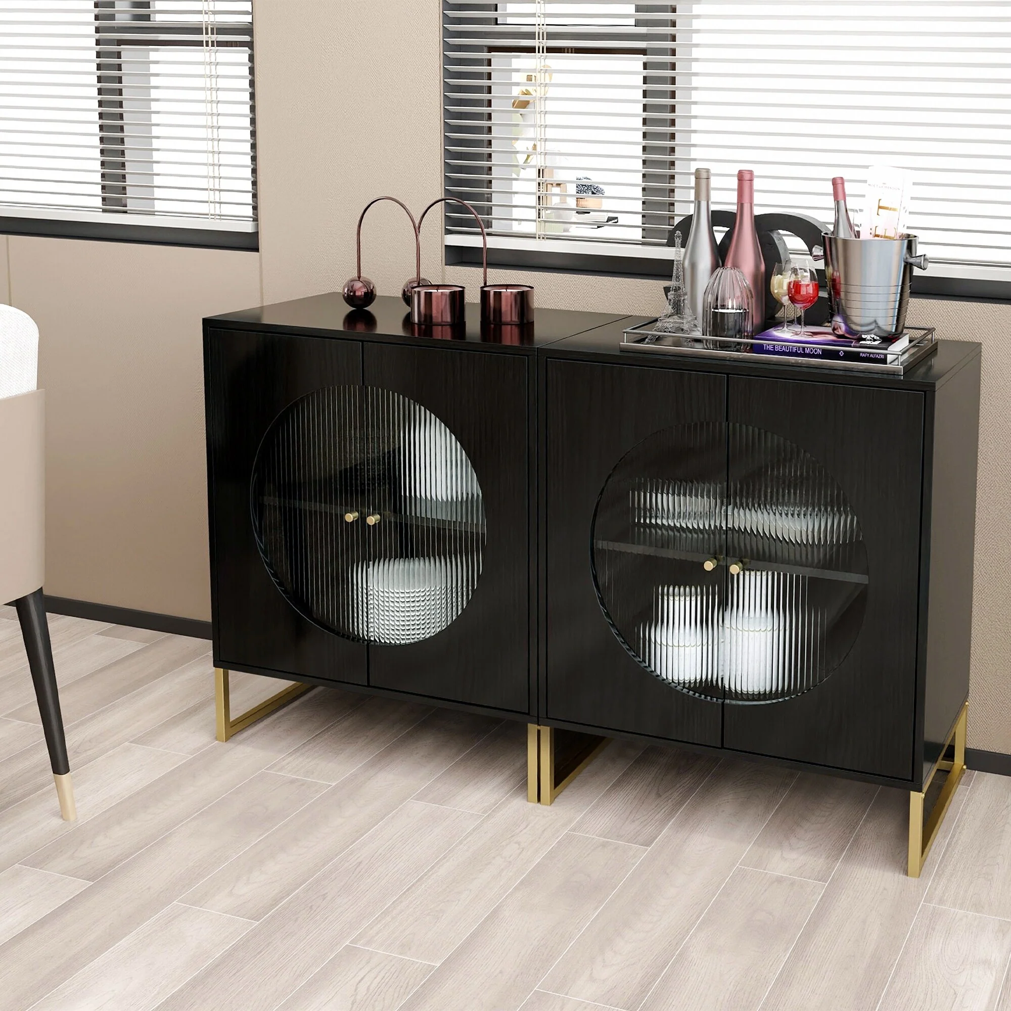 Black Storage Cabinet Sideboard Buffet with Glass Door for Kitchen,Dining Room