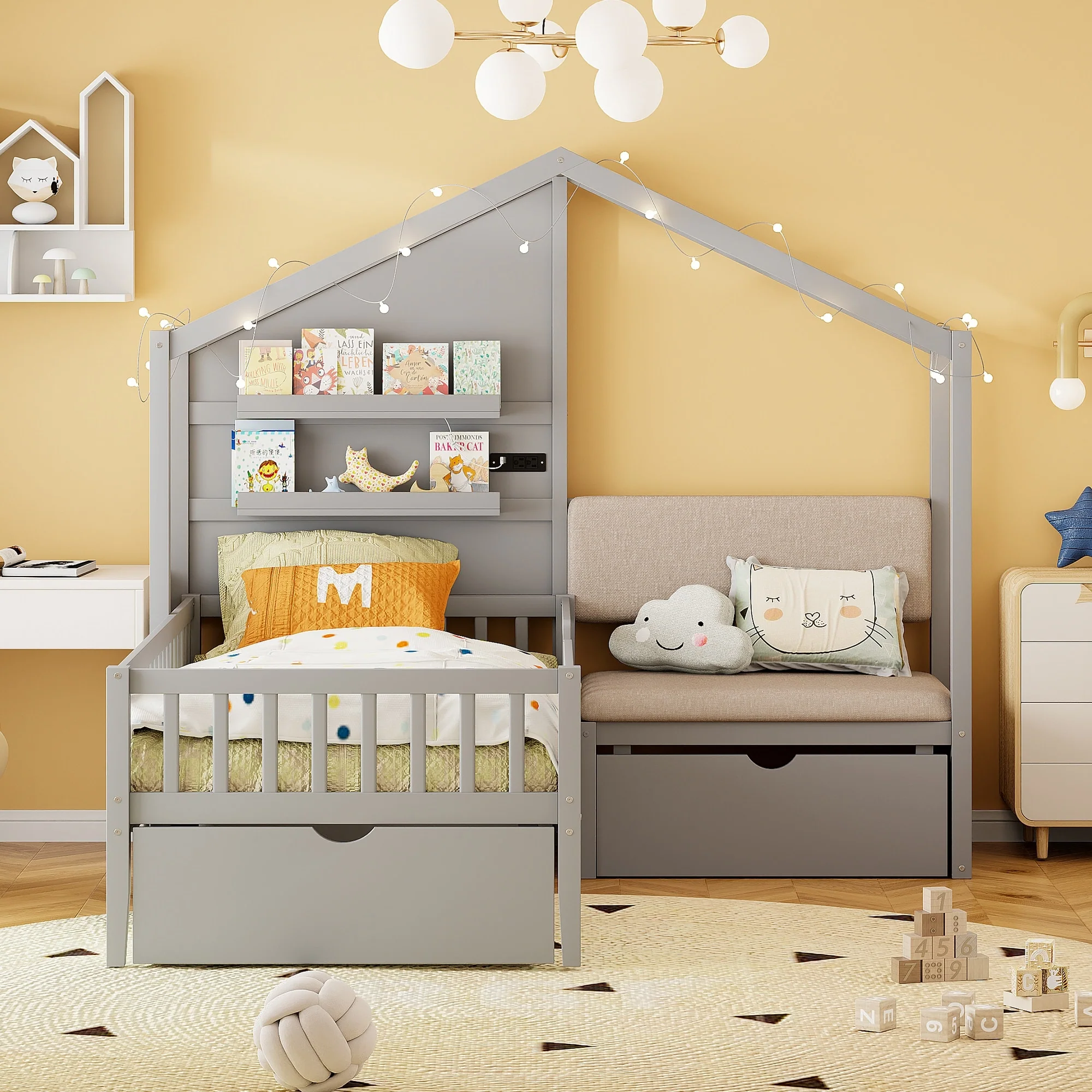 Grey Twin House Bed with Sofa and Charging