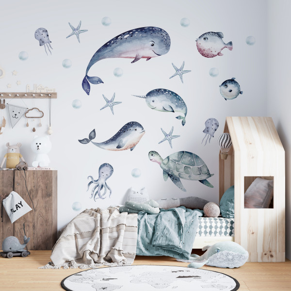 Naklejki DLA DZIECI Akwarelowe RYBY Wieloryby Boho ZESTAW