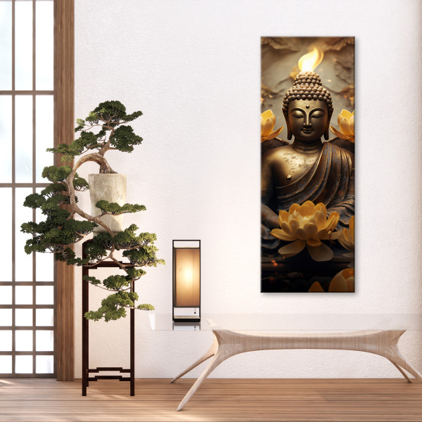 Feeby Obraz na płótnie, Złoty Budda i kwiaty 30x90