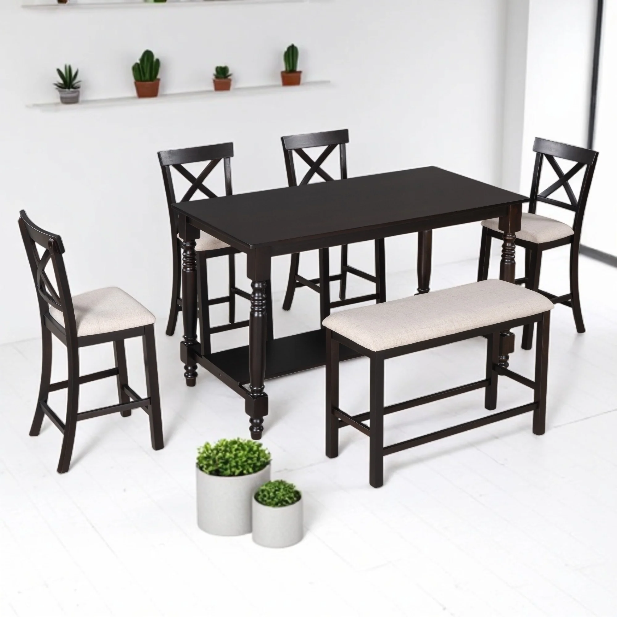 6-Piece Counter Height Dining Set with Table, 4 Chairs & Bench, MDF & Melaleuca Wood, Storage Shelf for Dining Room & Kitchen