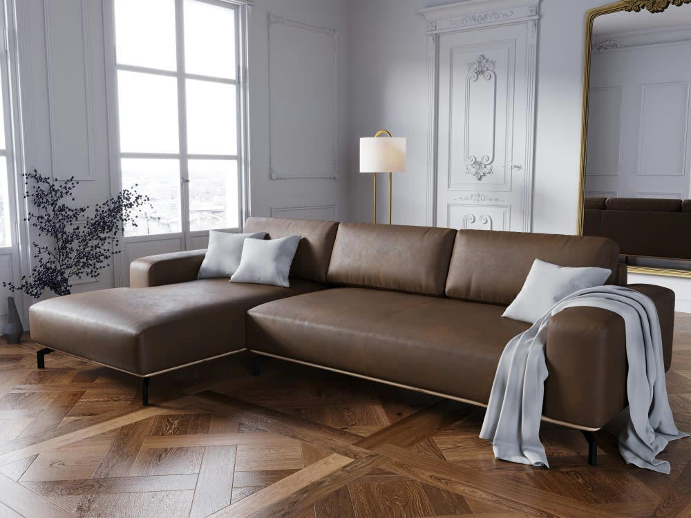 MARC - Canapé d'angle 5 places en cuir marron foncé