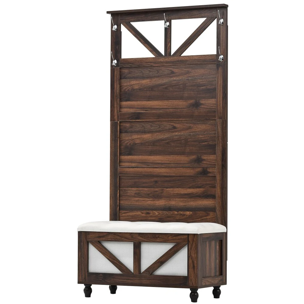 3-in-1 Design 31.5 in. Hall Tree with 5 Hooks , Coat Hanger, Entryway Bench, Storage Bench - 68.9'' H x 16.5'' W x 31.5'' D