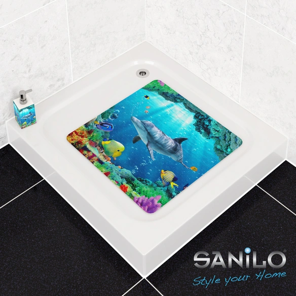 Badematte »Delphin Korallen«, 53 x 53 cm, Blau, Quadratisch