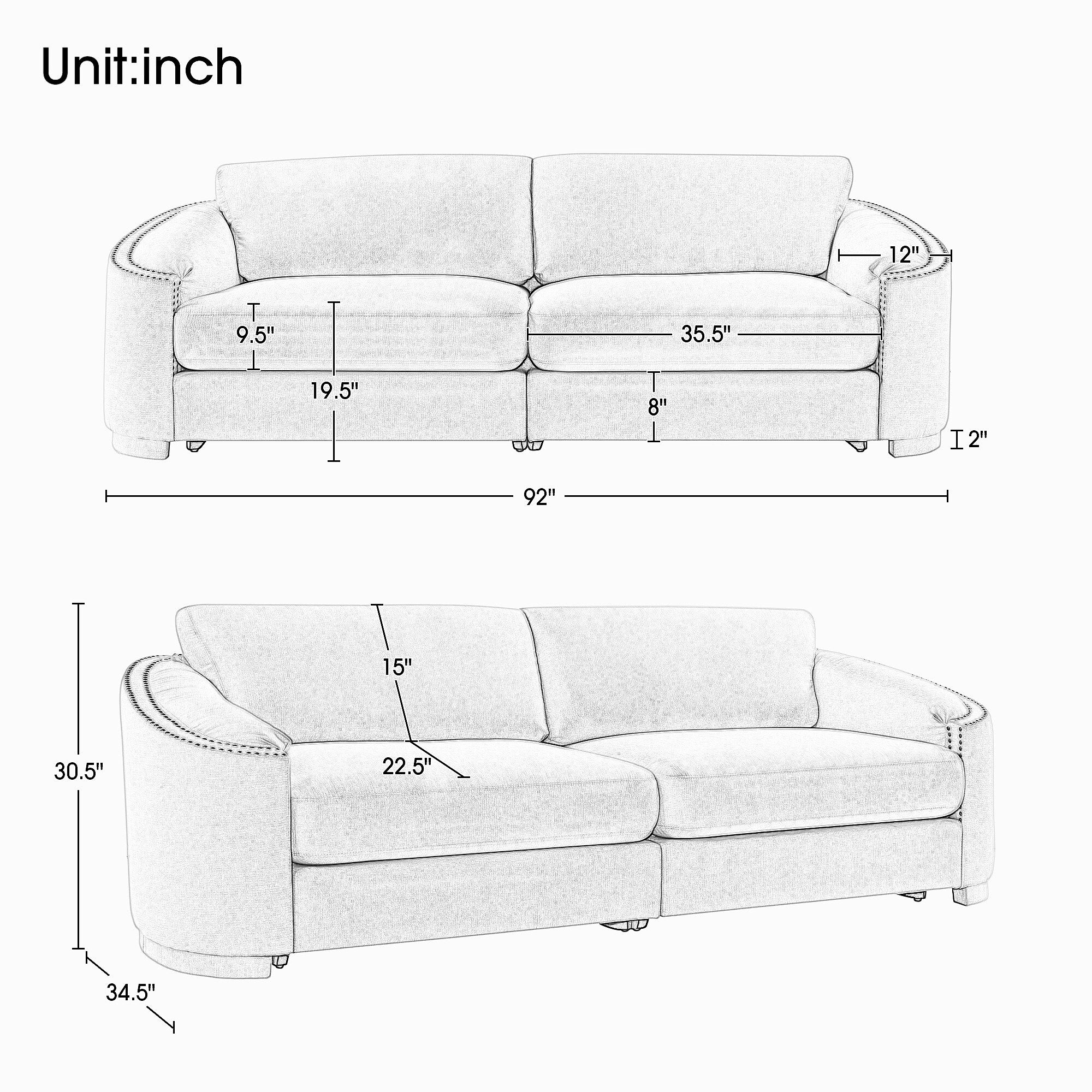 Sofa with Semilunar Arm, Rivet Detailing, and Solid Frame