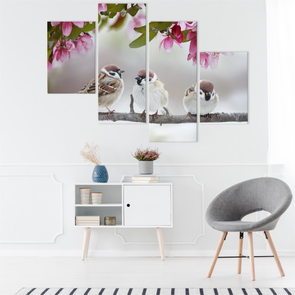 Obraz 4-Częściowy Ptaki Pośród Barwnych Kwiatów 80x50cm