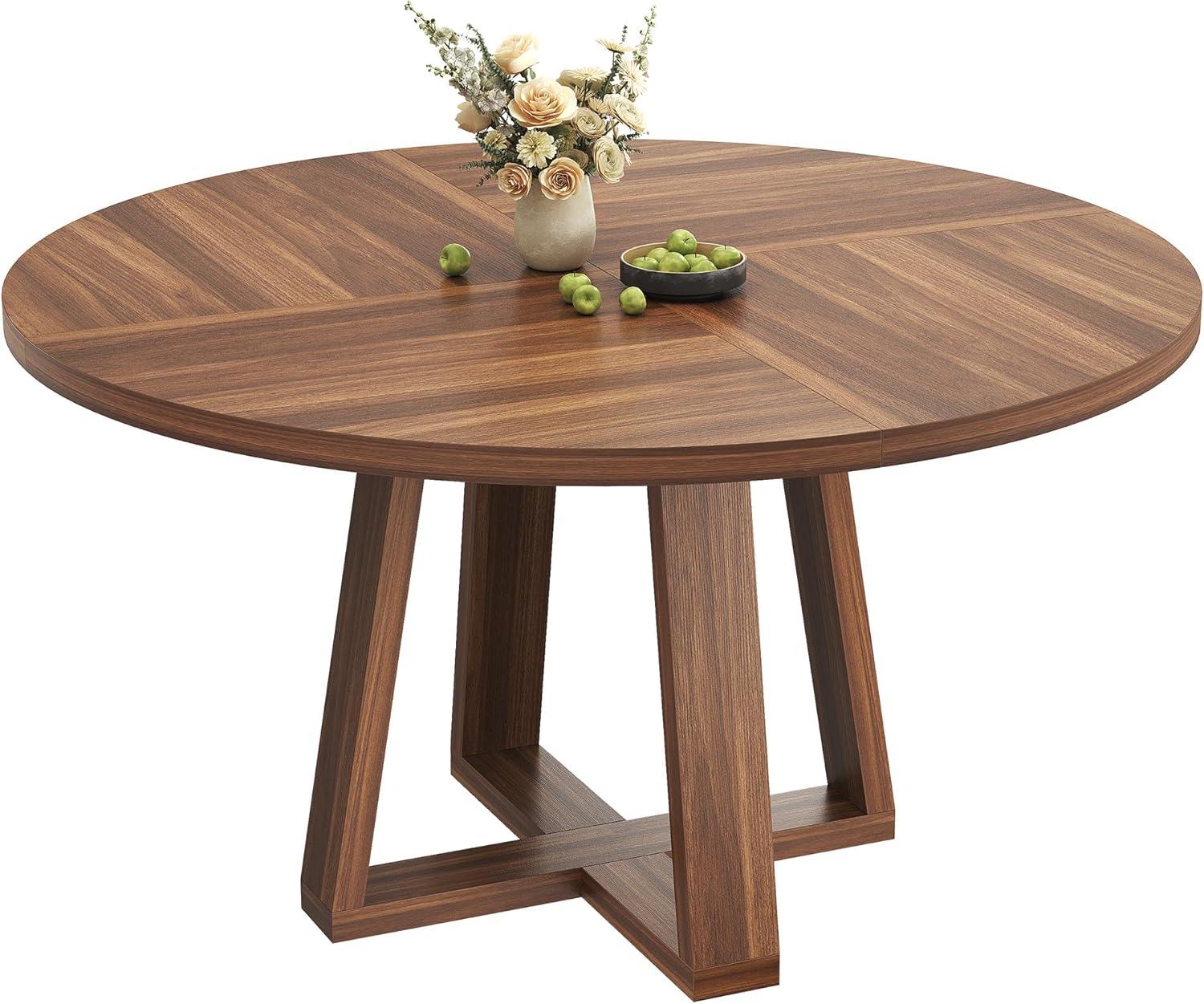 Garvee Round Dining Table for 4-6 People, 47 Modern Circle Dinner Table with Wooden Cross Pedestal Base for Living Room, Kitchen, Walnut Brown