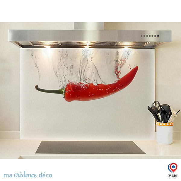 Crédence cuisine fond de hotte Bain de Piment fond blanc - Verre trempé - L 90 cm x H 60 cm - MaCrédenceDéco