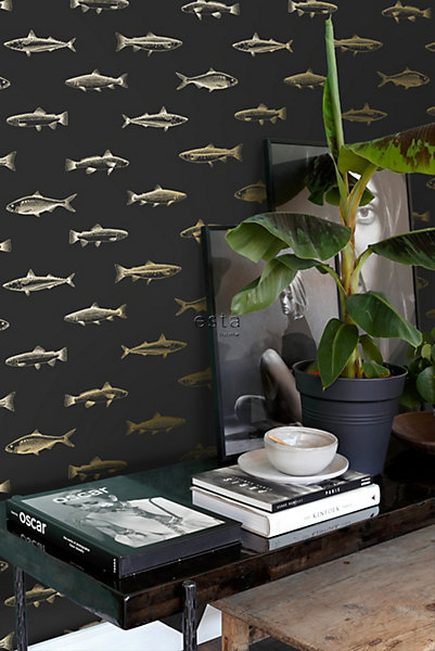 ESTAhome papier peint poissons noir et or 53 cm x 10.05 m
