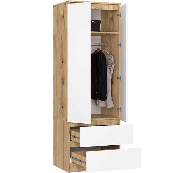 Armoire AKORD S60 Chêne Artisan 60 cm 2 portes 2 tiroirs façade Blanche 1 étagère 60x51x180 cm