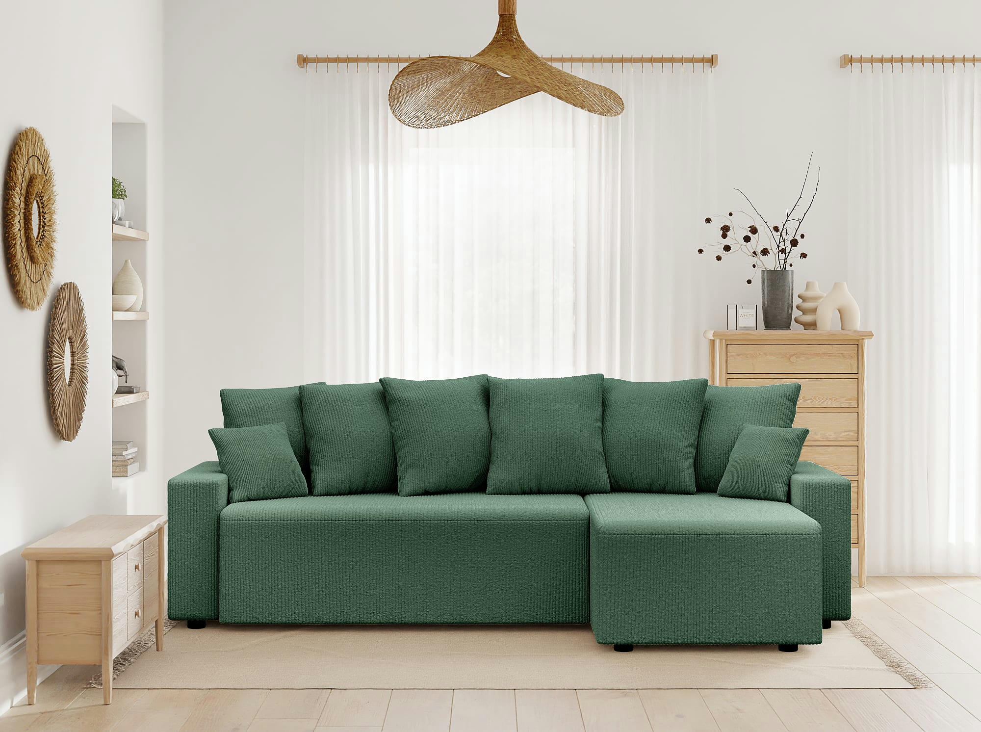 ALMA - Canapé d'angle convertible en velours côtelé 4 places vert