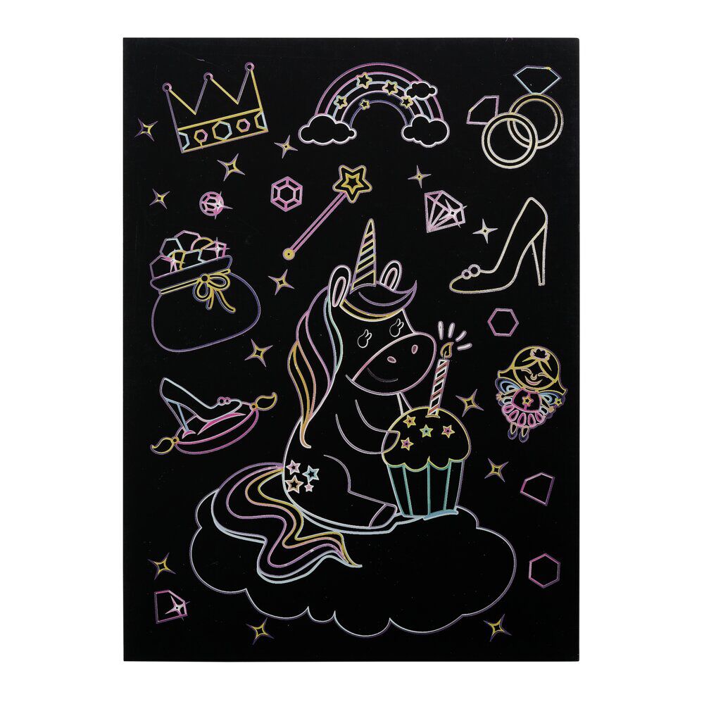 Lot de 6 feuilles à gratter thème licorne avec stylet en bois