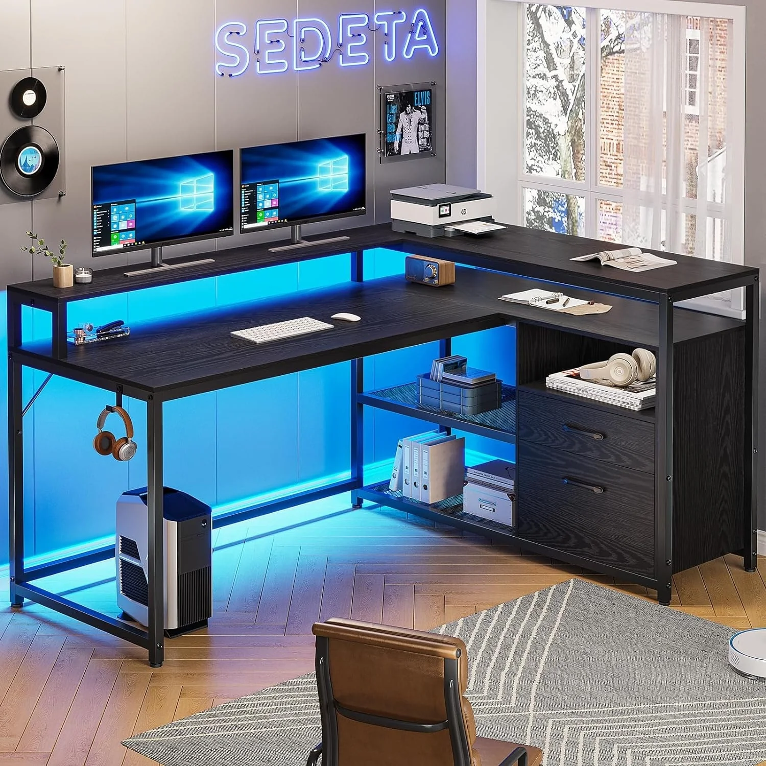 55 Computer Desk 2 Drawers L Shaped Gaming Desk LED Lights
