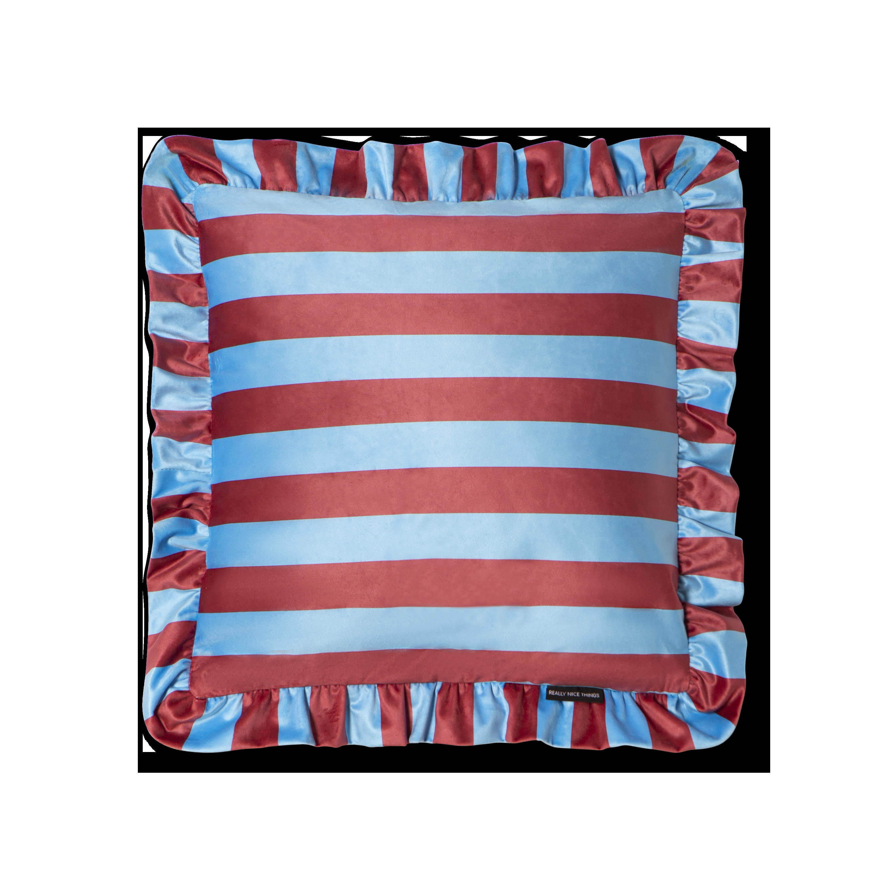 RUFFLE - Coussin en velours avec volant plissé, bleu et vin