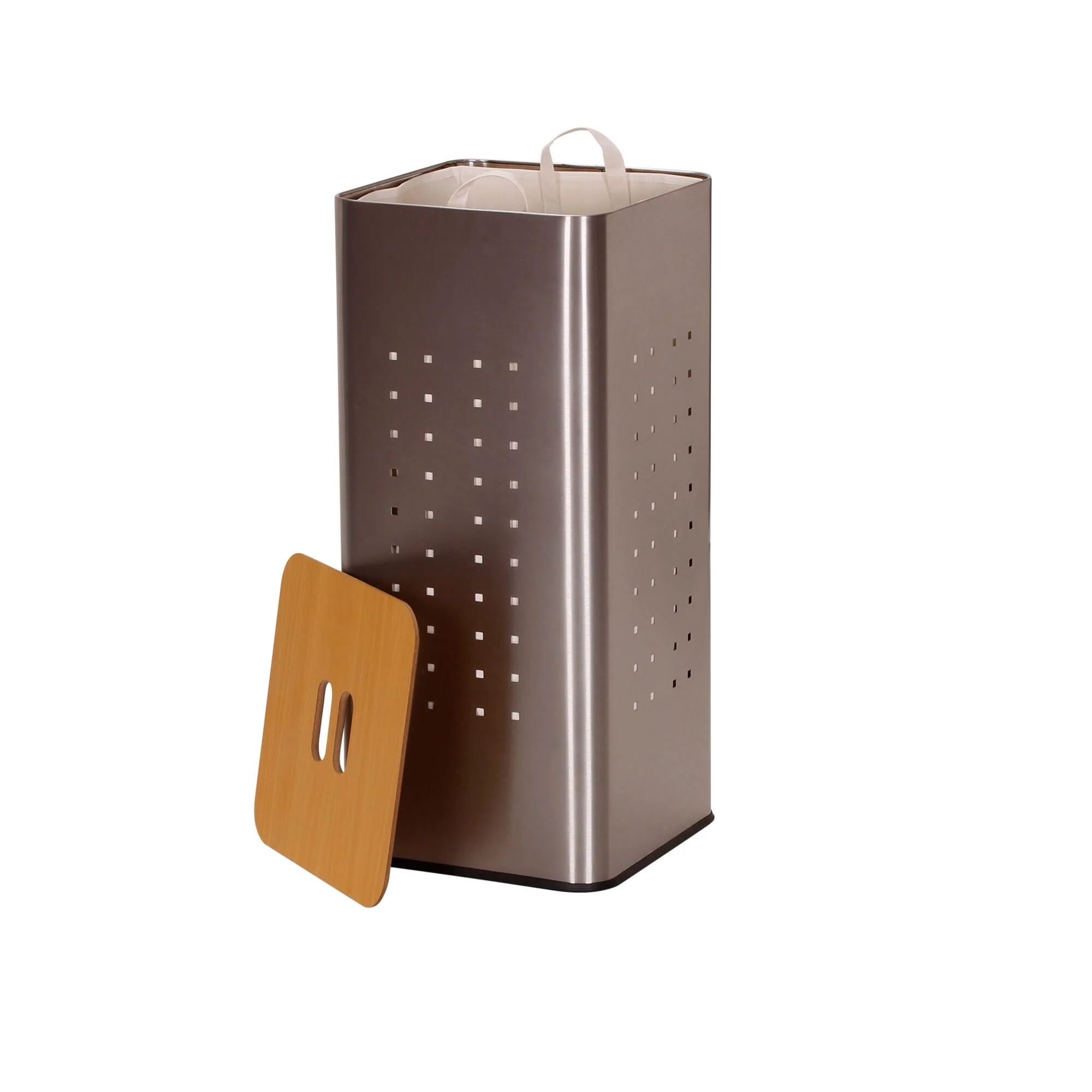 Household Essentials Metal Hamper with Engineered Wooden Lid - 12.3L x 12.3W x 27.5H