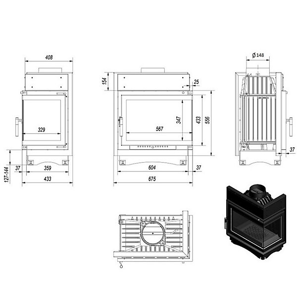 Insert cheminée MAJA 8 BS vitre à gauche 150 mm