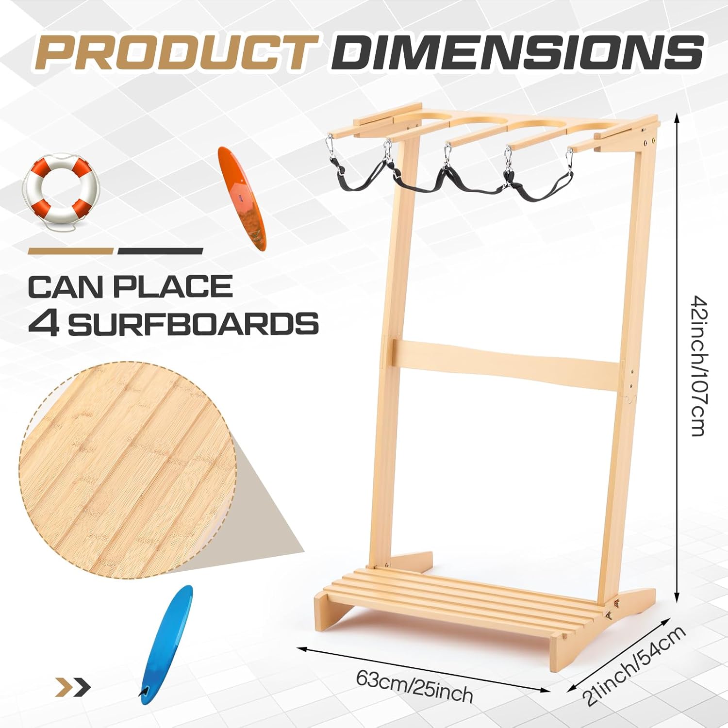 CroBlissful Surfboard Rack Freestanding Vertical Surf Board Stand for 4 Boards Bamboo Display Rack for Shortboard, Snowboard, Skateboard, Ski and Wakeboard
