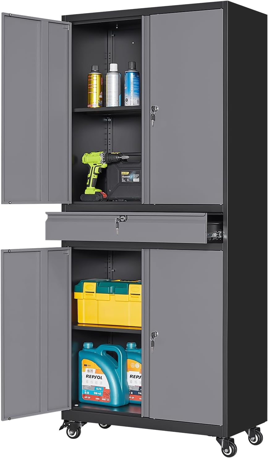 Yizosh Metal Garage Storage Cabinet with Locking Doors and Adjustable Shelves, -73 Steel Rolling Tool Storage Cabinet with 4 Wheels and 1 Drawer for Garage,Office,Warehouse