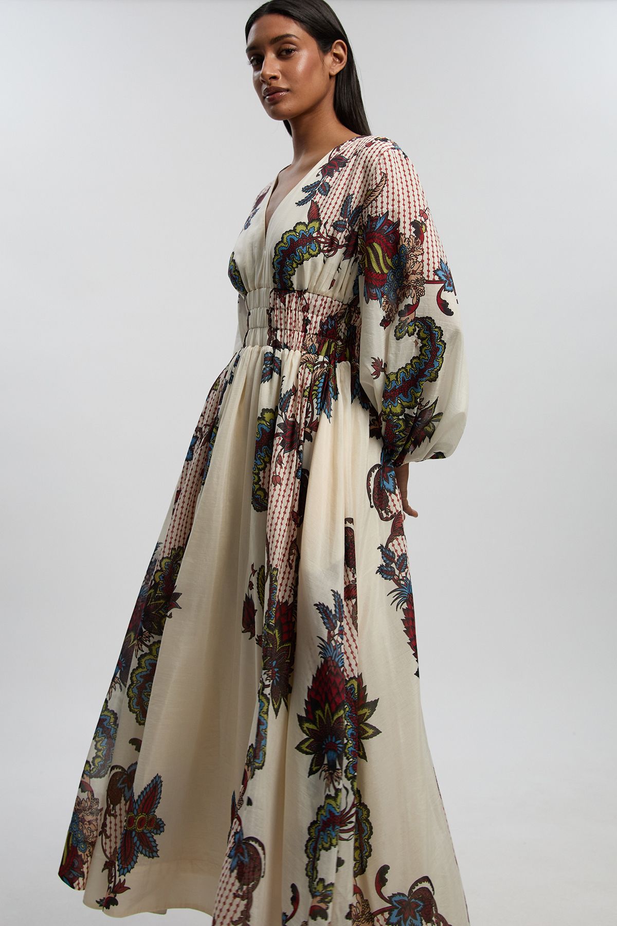 KarenMillen Petite Mirror Print Balloon Sleeve Silk Cotton Maxi Dress