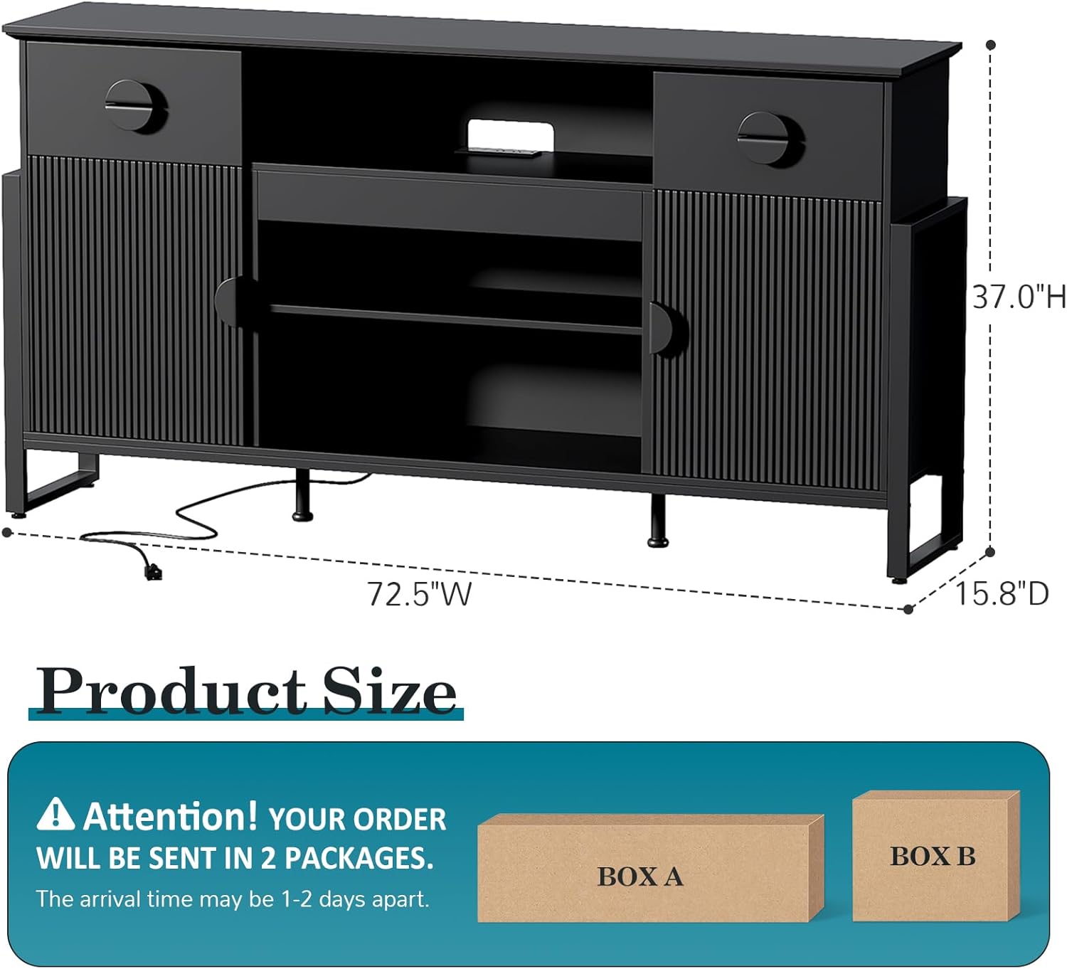 Naice TV Stand for 80 Inch TVs, 38 Tall Entertainment Center with Power Outlet, Stylish TV Stand w/Drawers & Cabinets, Raising Legs, Curved Profile Design, Media Console for Living Room, Black