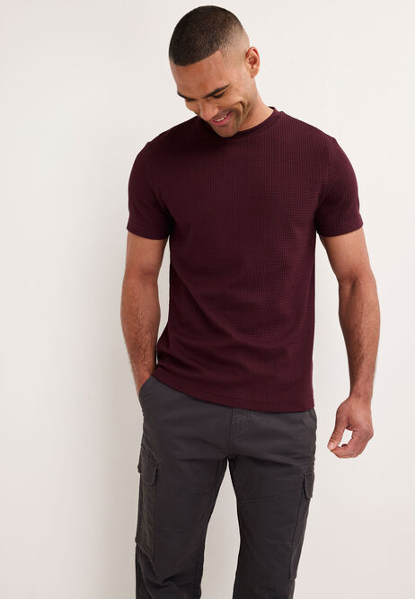 Mens Burgundy Compact Waffle Cotton T-Shirt
