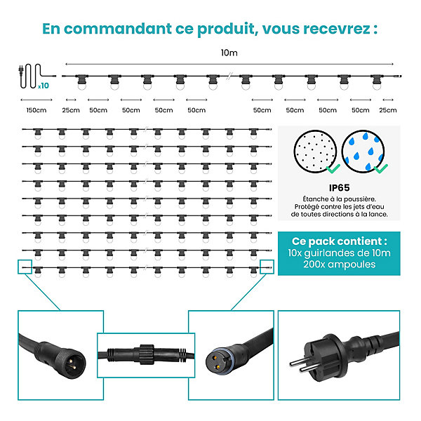 Kit Guirlande Guinguette IP65 100M 200 Bulbes Blancs