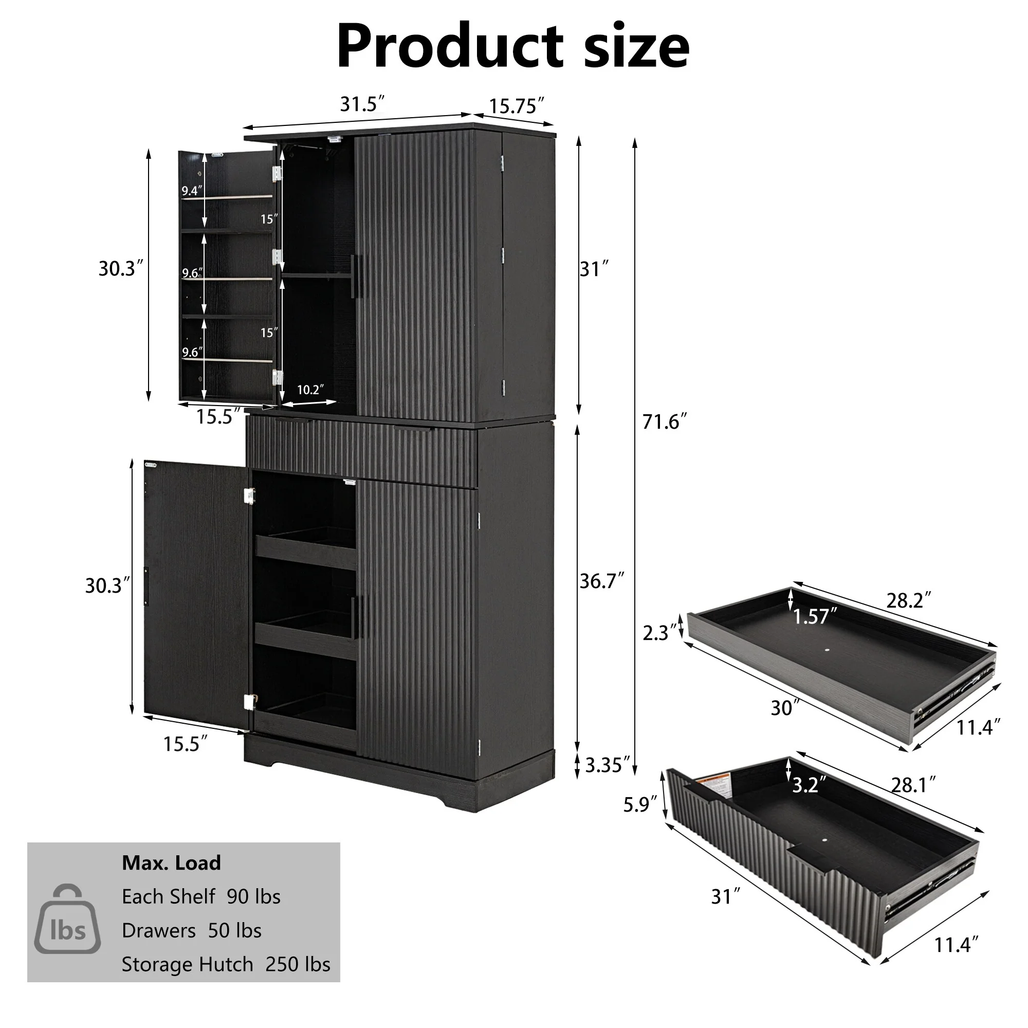 Modern Kitchen Storage Cabinet with 3 Keyboard Drawers & 6 Adjustable Shelves - 72 Tall Freestanding Cupboard for Bathroom