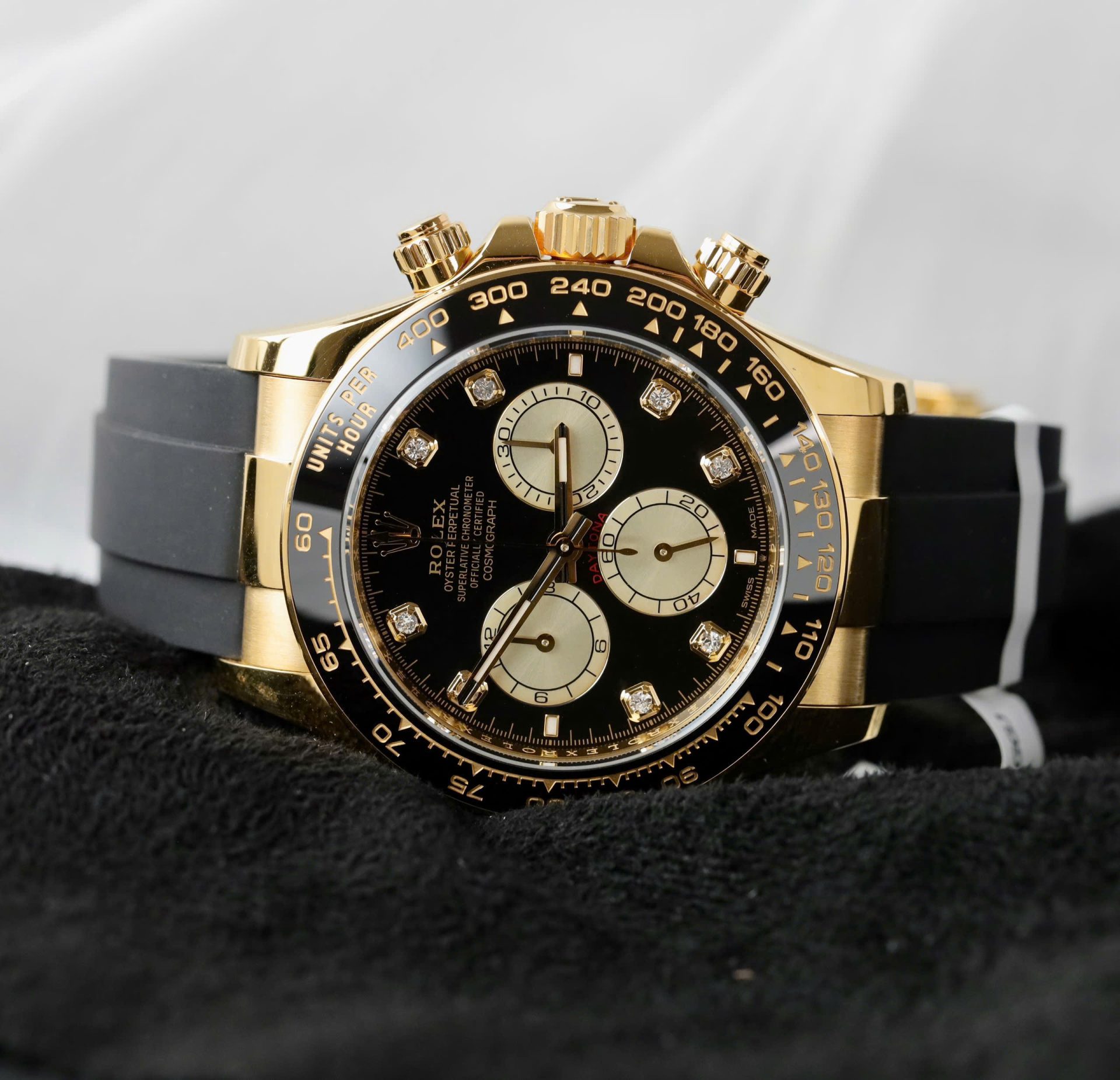 Rolex Daytona YG Plated Black Dial CZ Diamonds 40mm Oysterflex Super Clone