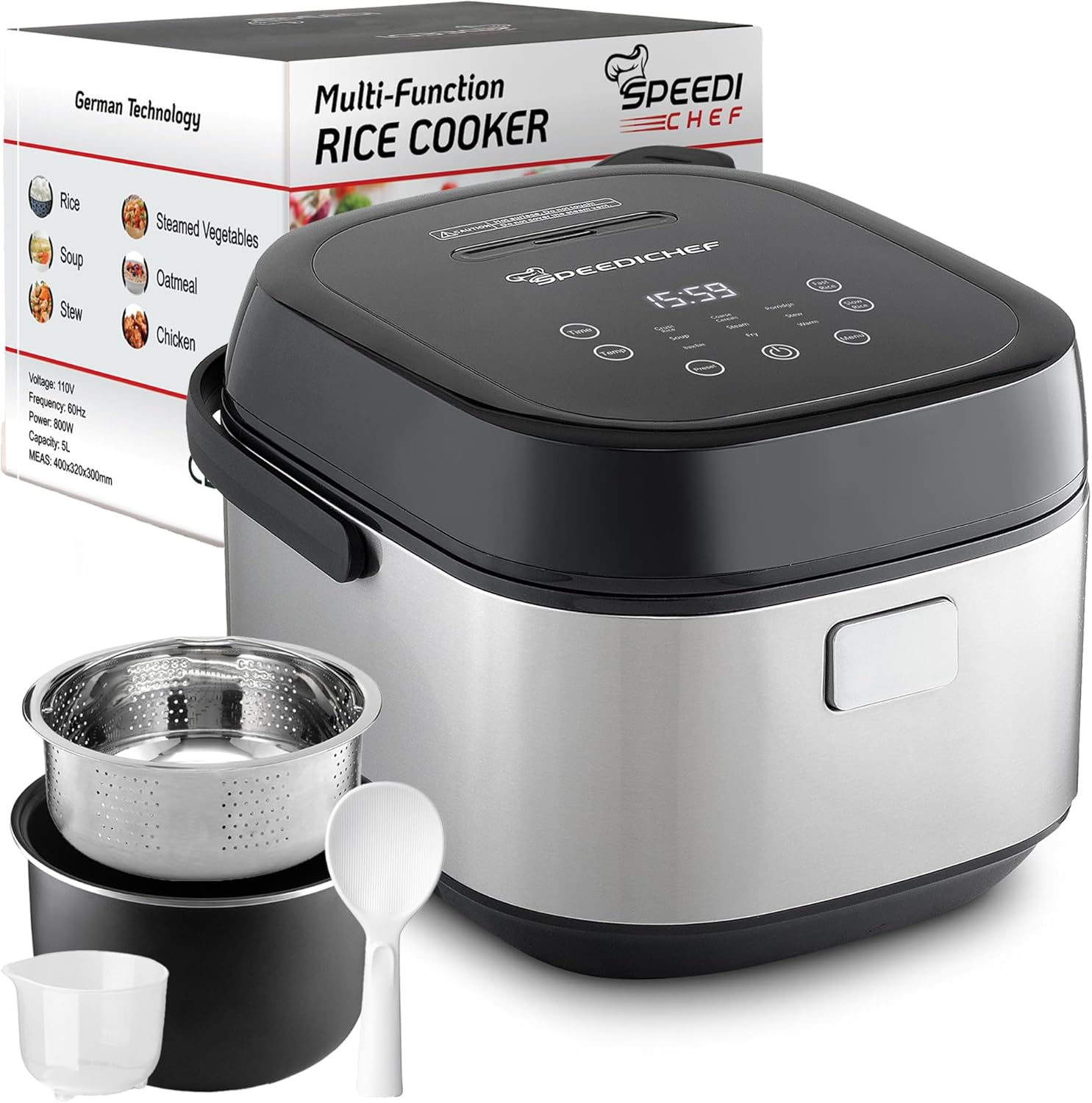10-Cup Rice Cooker with Steamer Basket | Smart Rice Maker with Easy-to-Clean Nonstick Inner Pot | Delay Timer & Keep Warm Settings | Non-Toxic & BPA-Free | Ideal for Family Meals, Stainless Steel