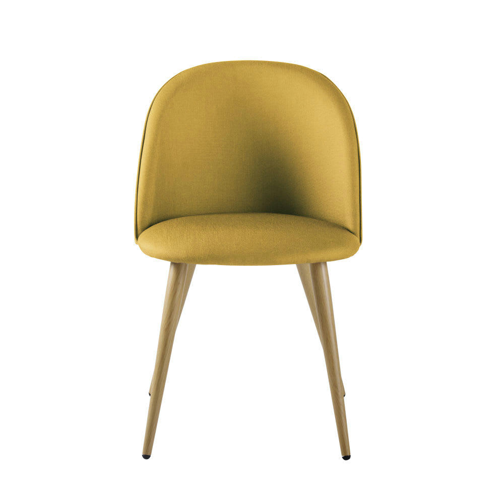 Mauricette - Chaise vintage jaune moutarde et métal imitation chêne