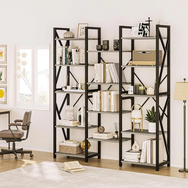 Triple Wide 5 Tier Book shelf,with Open Display Shelves