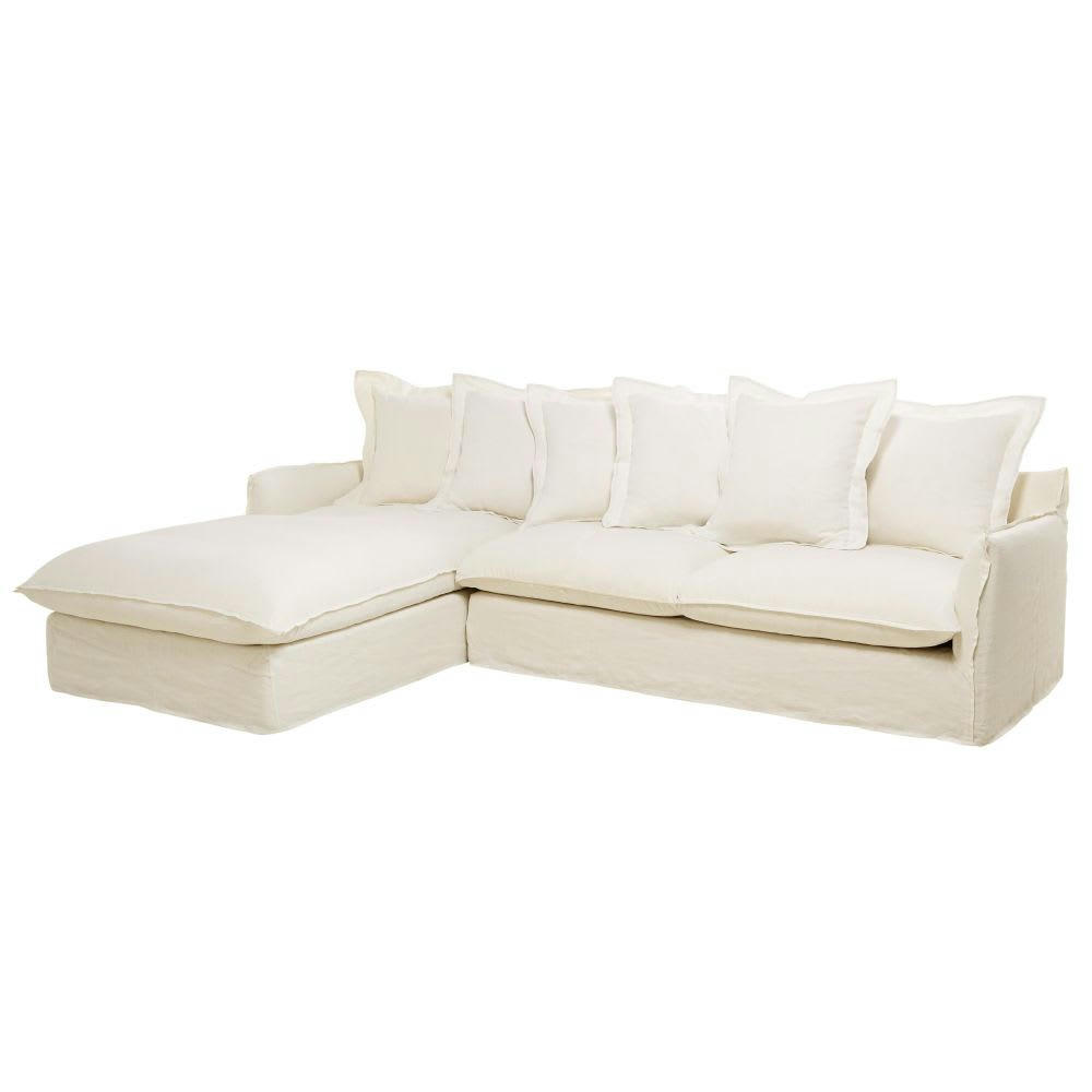 Barcelone - Canapé d'angle gauche convertible 6 places en lin lavé blanc