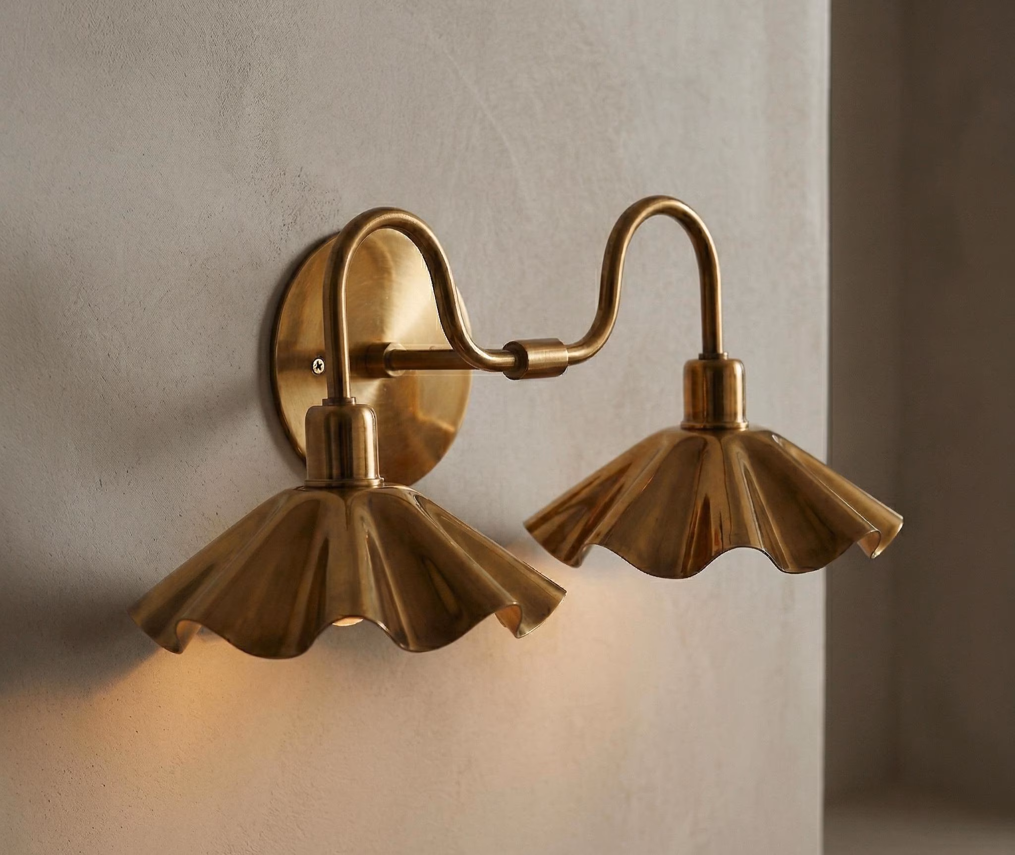 Handcrafted Brass Double Wall Sconce, Vintage Shade Vanity | hardwire & plug-in | bathroom vanity light