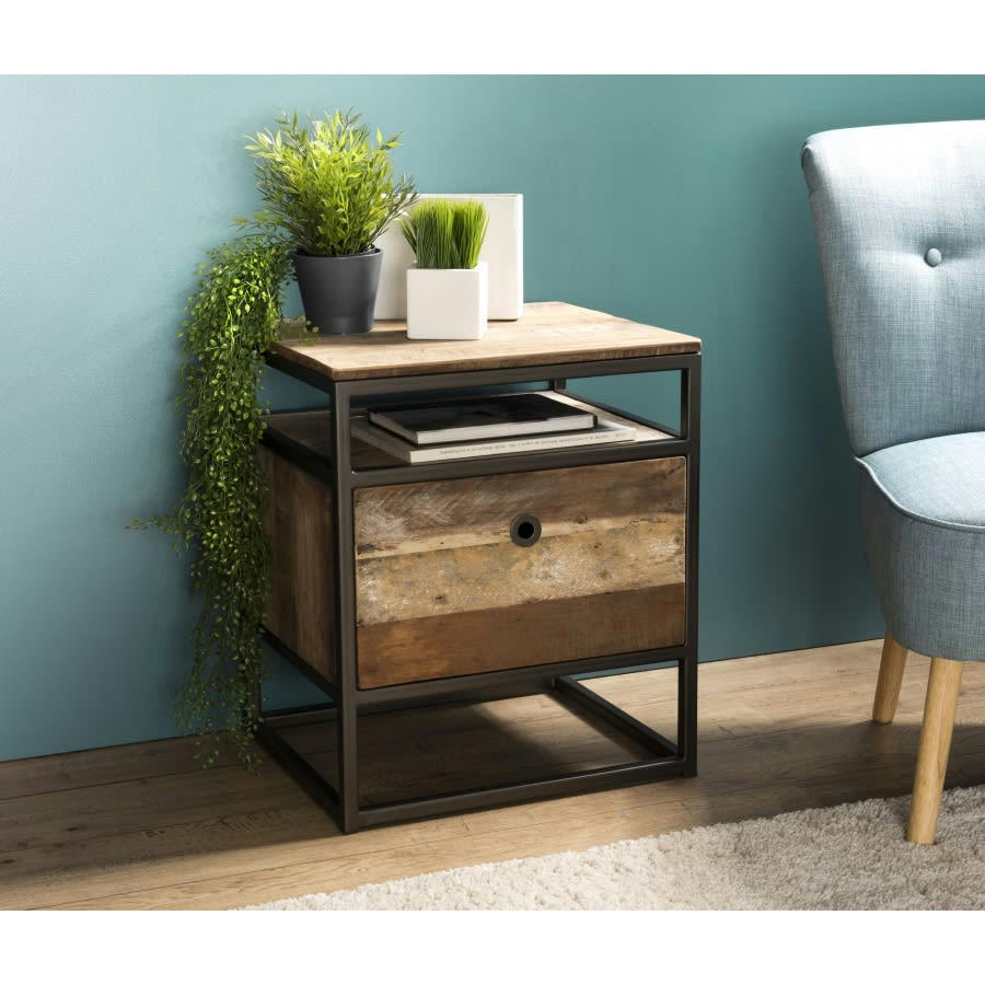 ALIDA - Table d'appoint tiroir en teck recyclé acacia mahogany métal noir L47