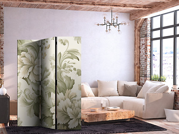 Paravent - Fleurs rétro vintage aux couleurs crème douce et vert