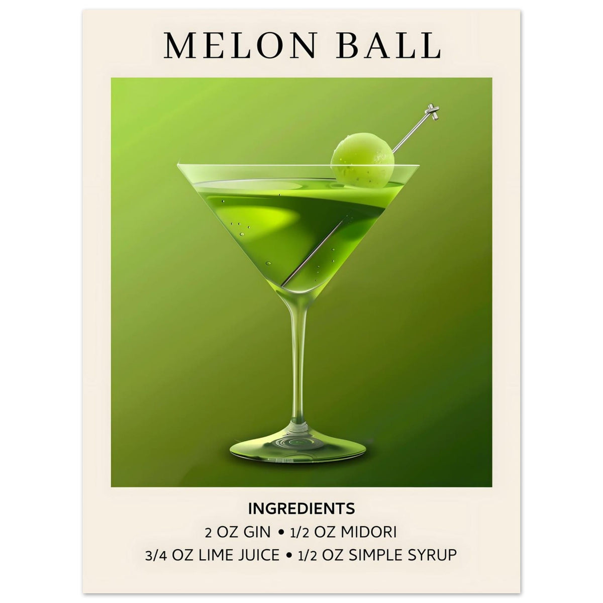 Artfulprints Poster Melon Ball cocktail - Ingrediënten  - 30x40 cm - Groen