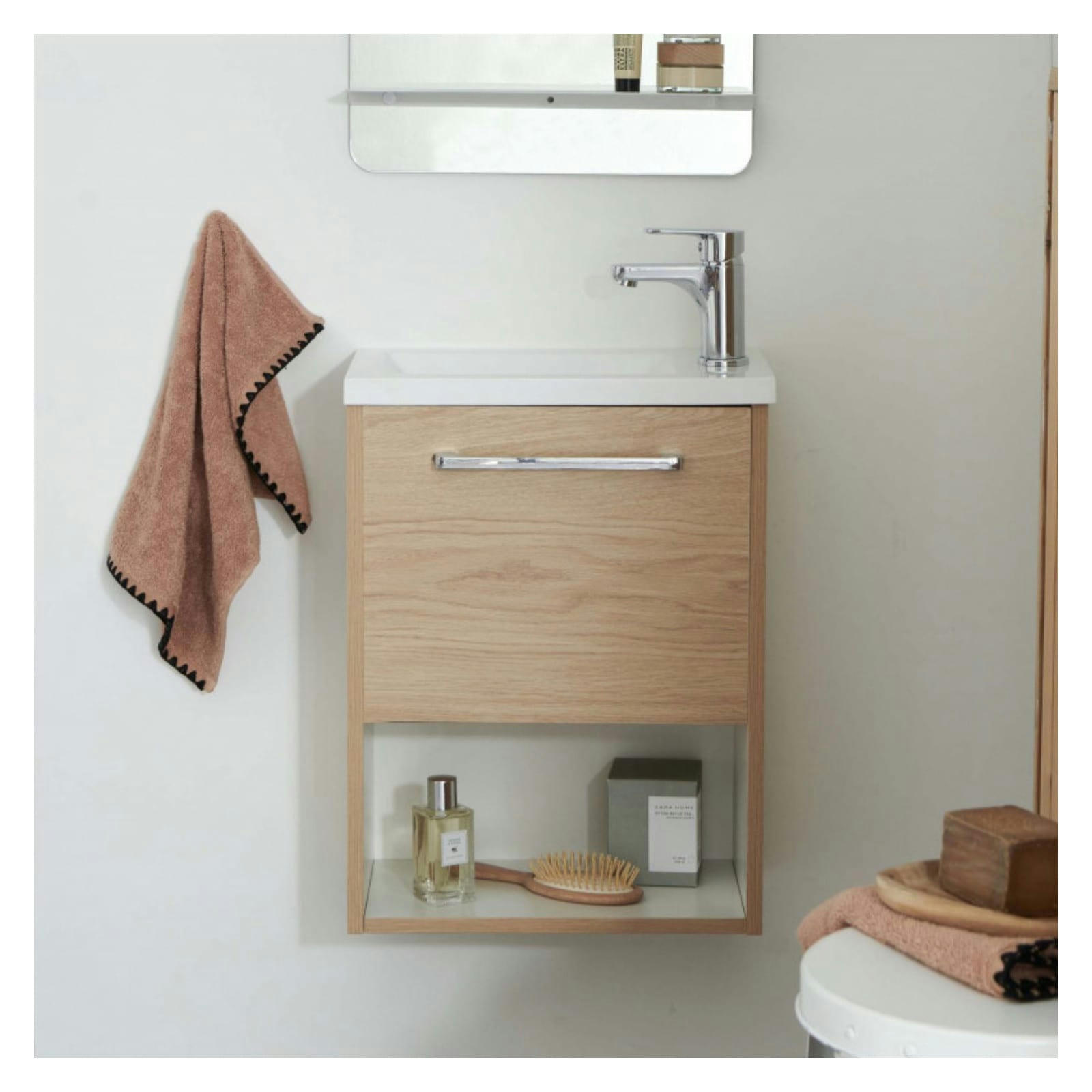 NIKA - Meuble lave-mains  Décor chêne intérieur blanc + robinet chromé