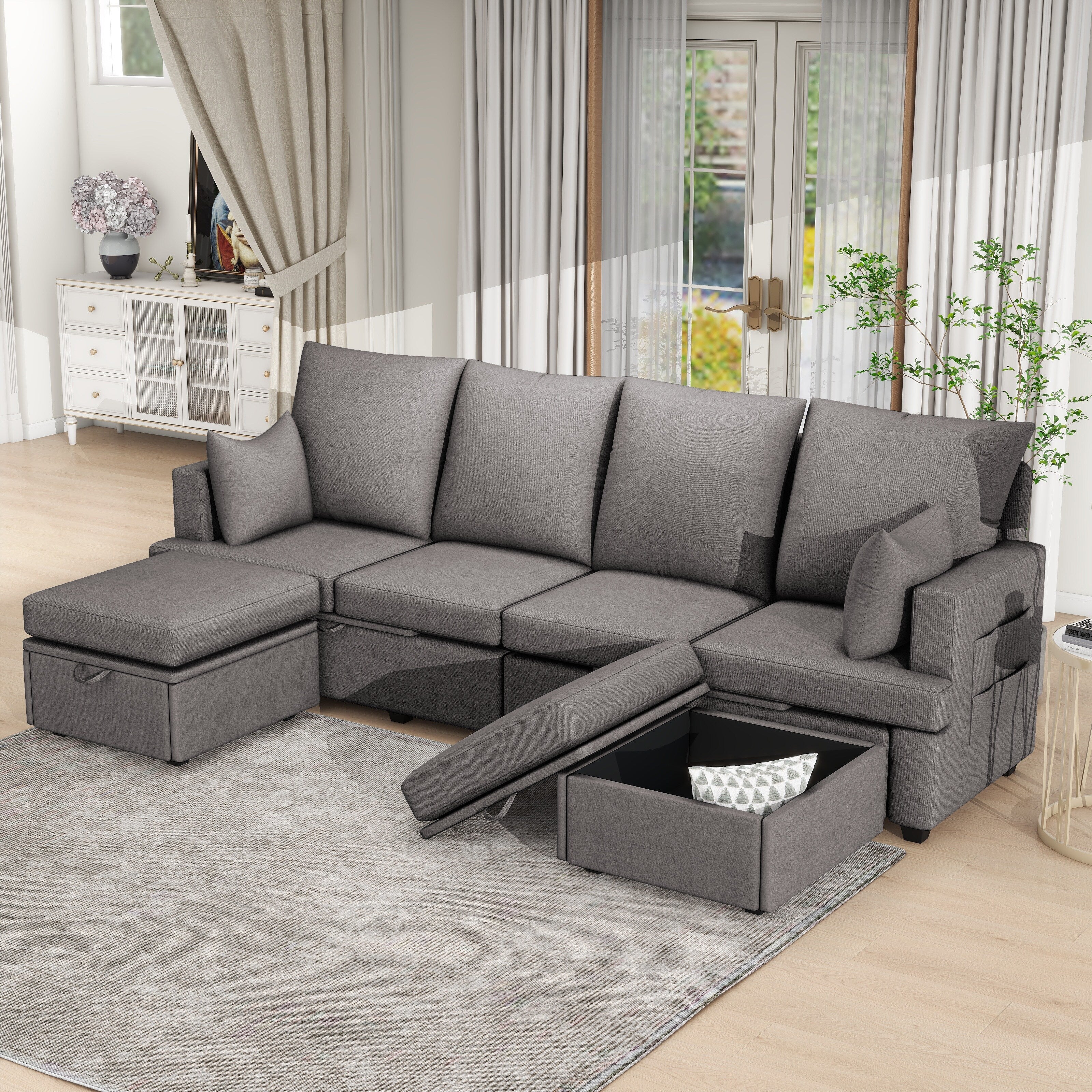 Grey 103.2'' L-Shaped 7-Seater Modular Sectional Sofa Couch with 2 Ottomans, High Backrest, Memory Foam Cushions, and 2 Pillows