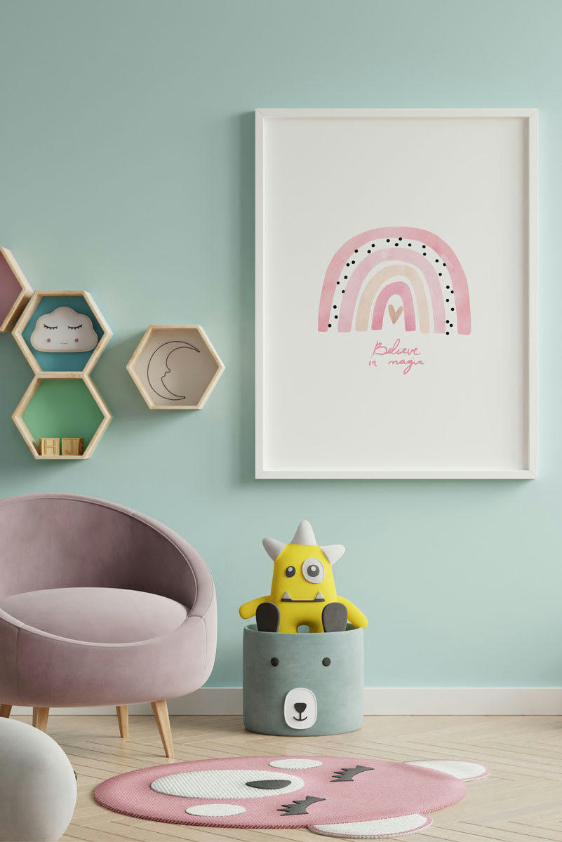 DECOWALL - Impression de arc-en-ciel rouse encadrée en bois blanc 43X33 cm