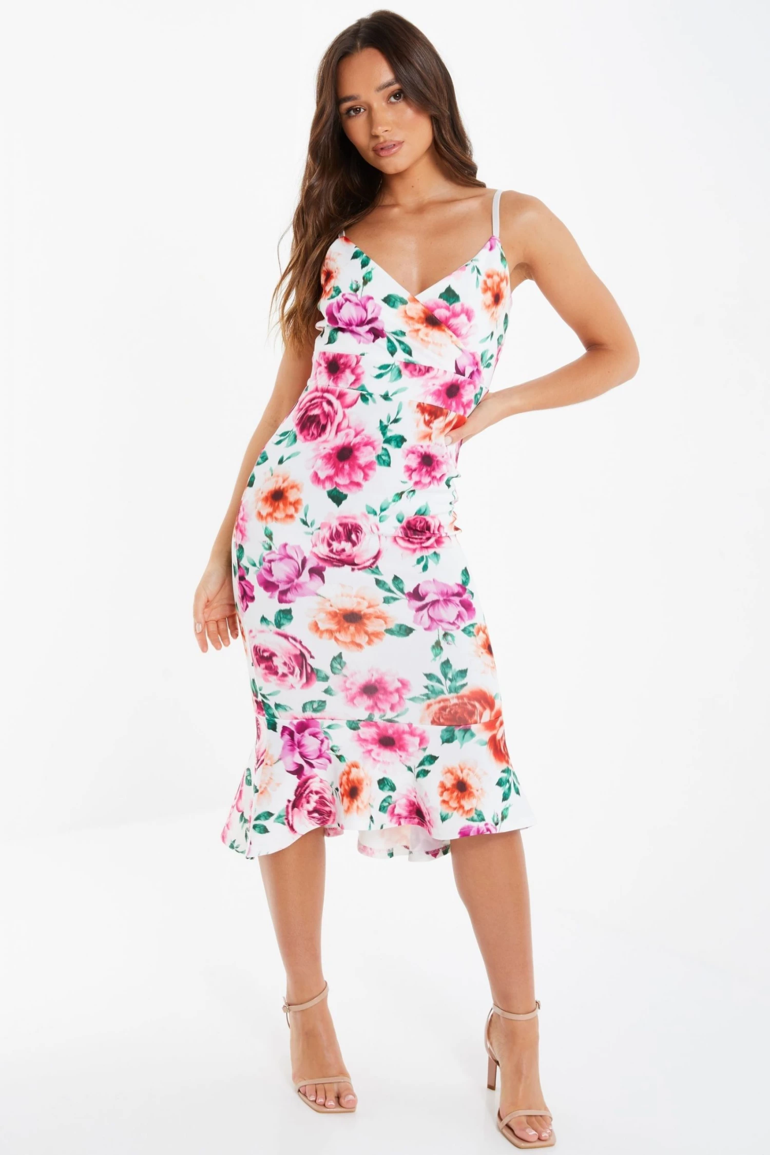 Quiz Cream Multi Floral Bodycon Midi Dress