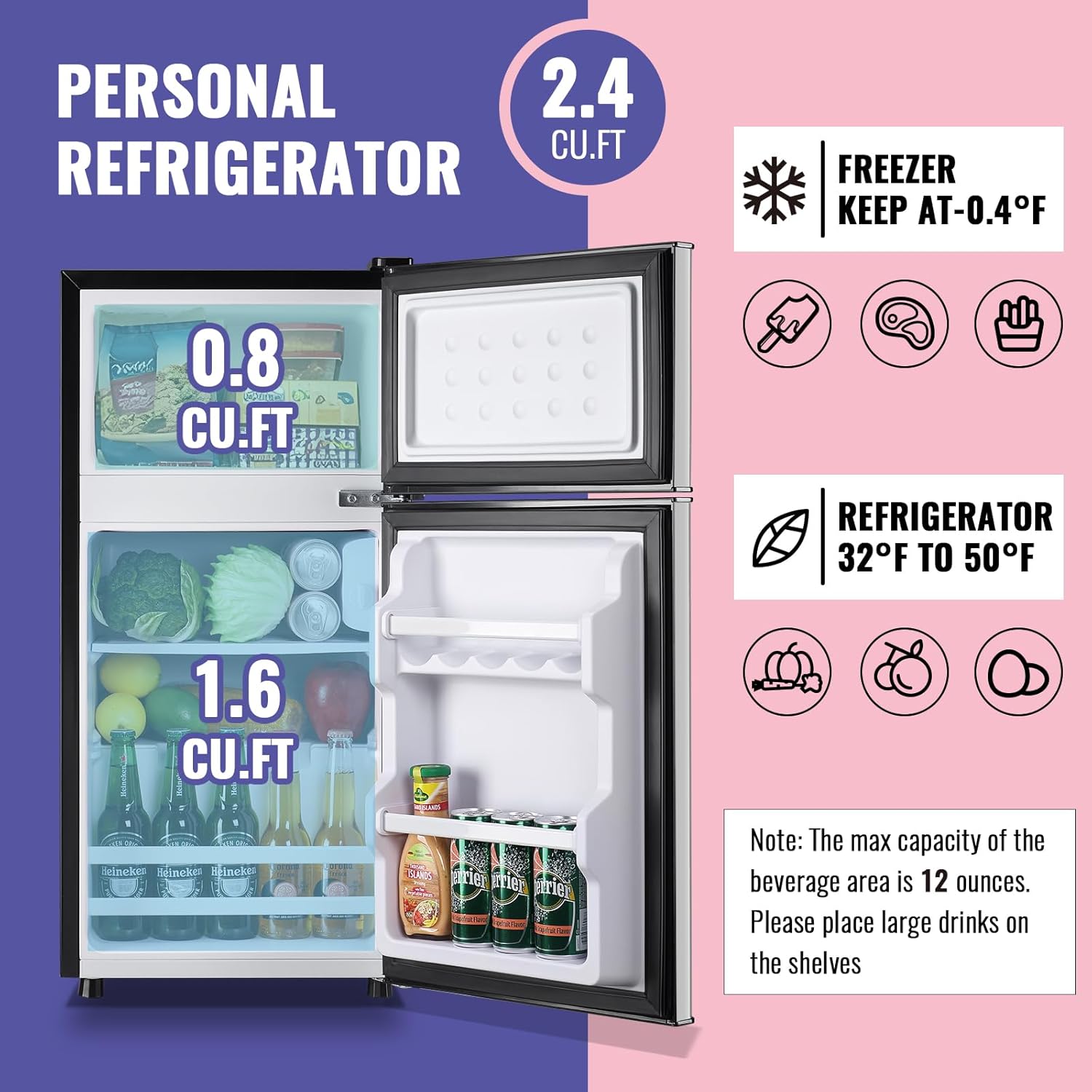 DEMULLER 2.4 Cu.Ft Small Refrigerator with Freezer Dorm Mini Fridge Removable Plastic Shelves Ideal for Home, Office,Dormitory Silver
