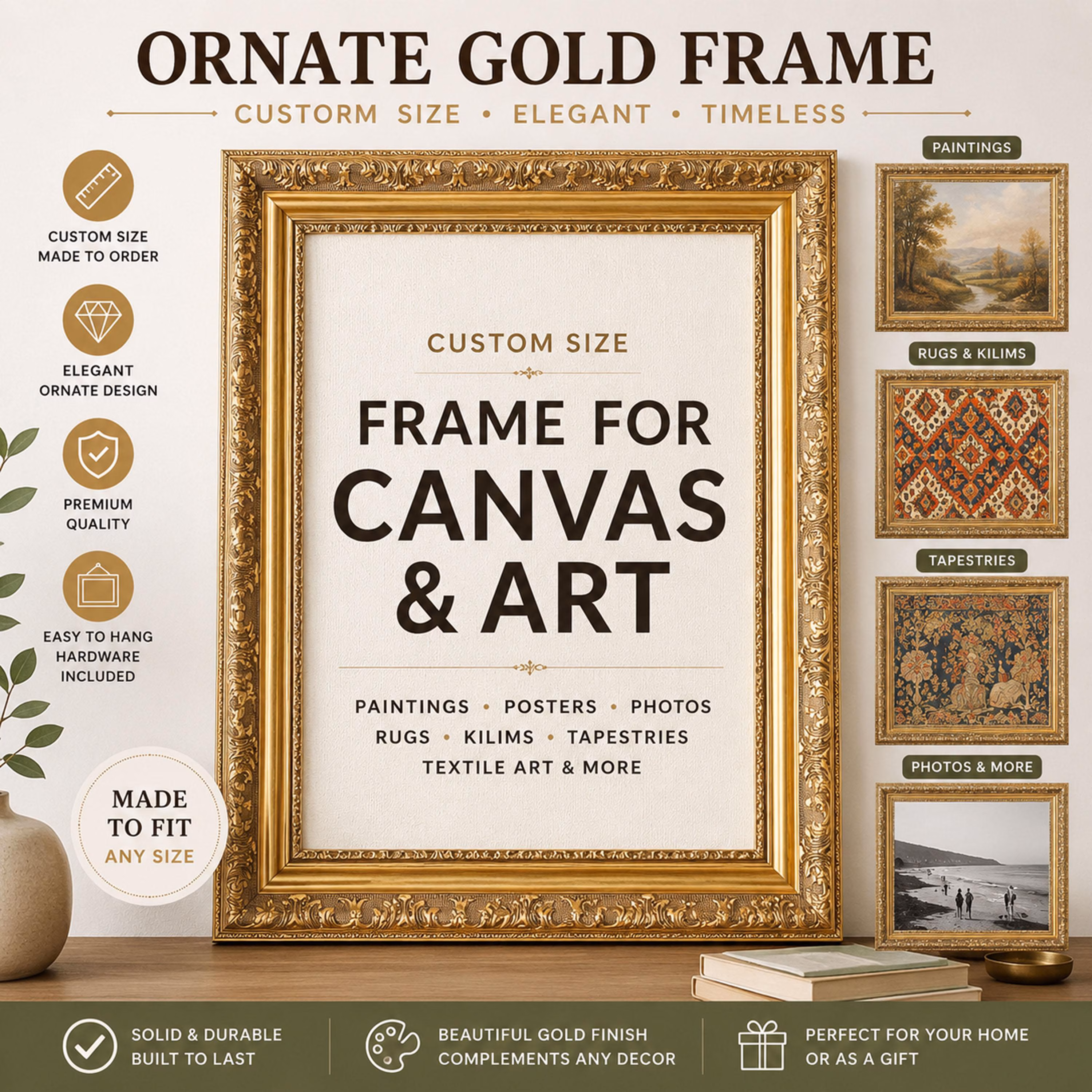 Ornate Gold Picture Frame, Custom Size Frame for Canvas, Paintings, Posters, Textile Art, Rugs & Tapestries