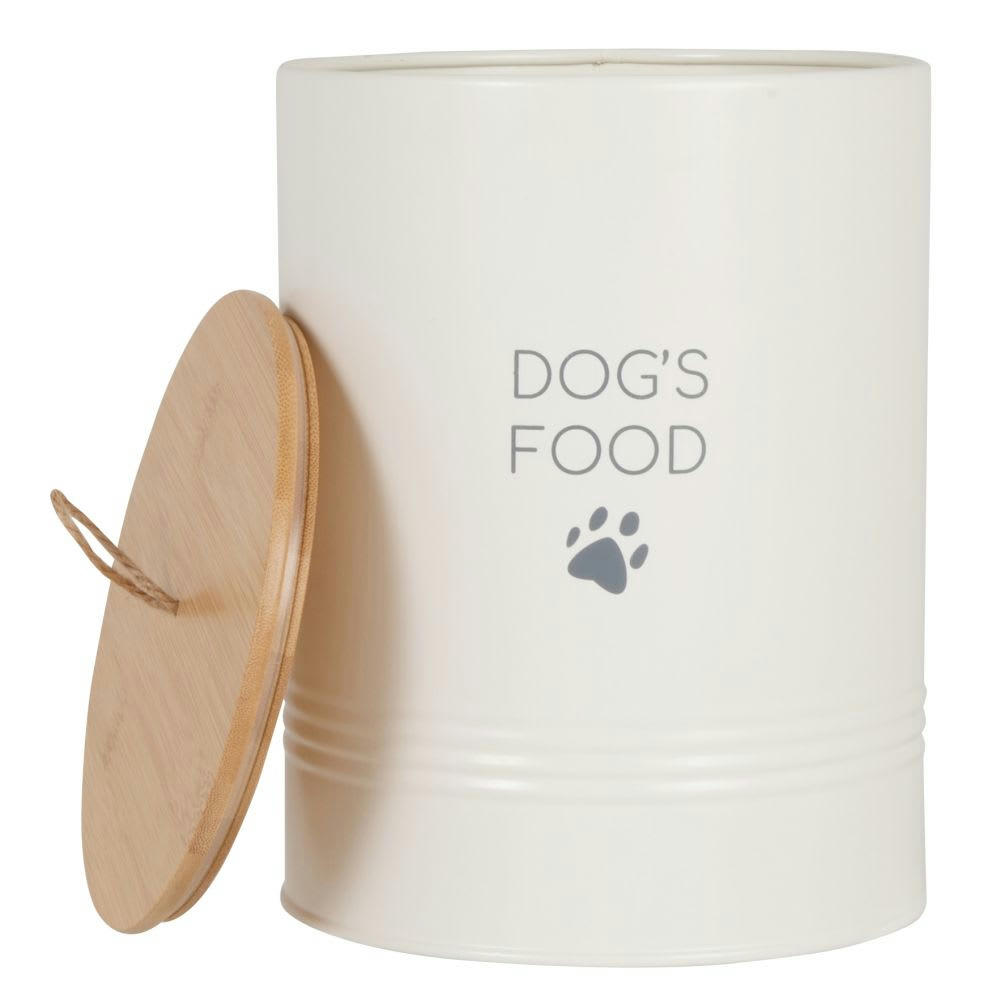 DOGGY - Boîte à croquettes pour chien en métal blanc et couvercle en bambou
