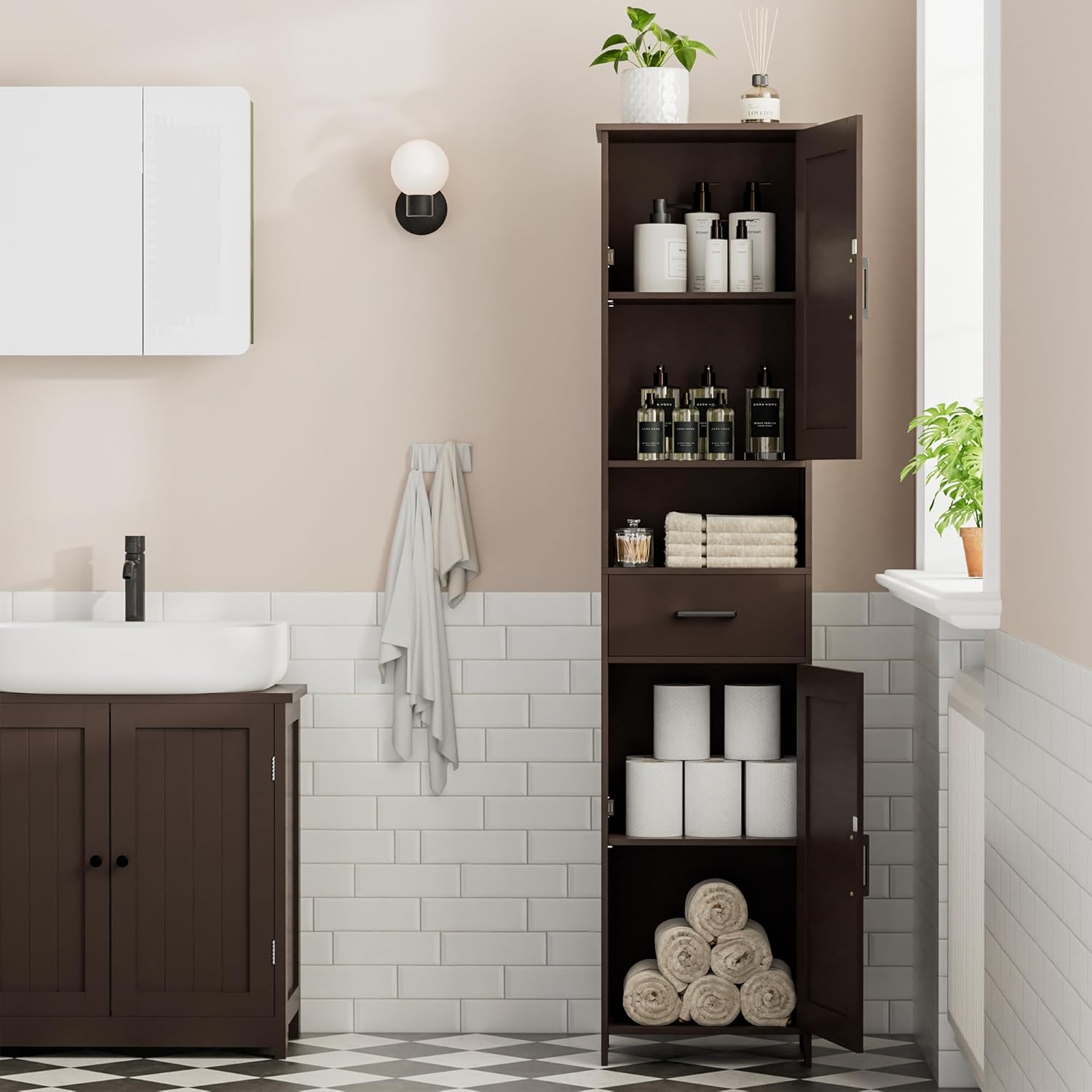 Homhedy 67 H Tall Bathroom Storage Cabinet with 2 Barn Doors and 1 Drawer, Narrow Storage Unit, Adjustable Shelves, Floor Cabinet for Bathroom, Living Room, Entryway, Kitchen, Brown, (15.7 W)