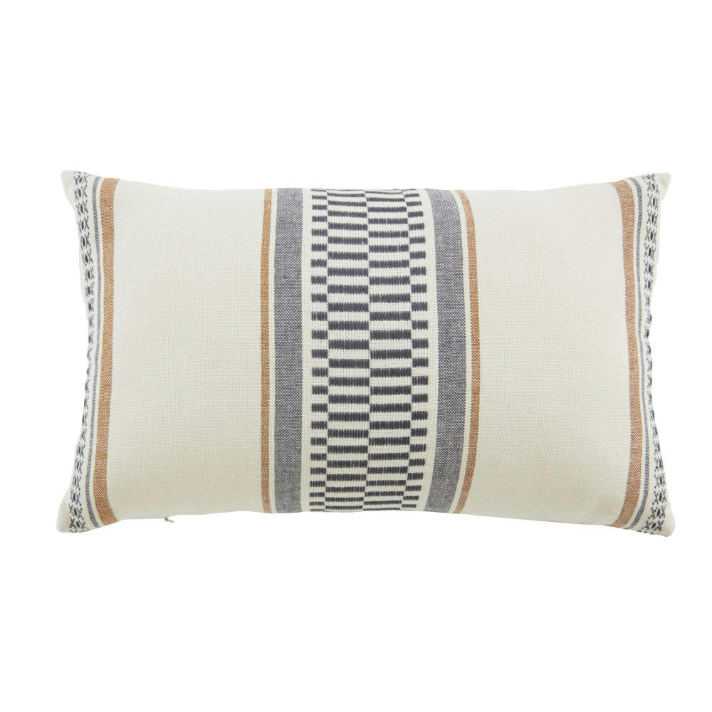 KINZINGO - Coussin en coton motifs géométriques écrus, gris anthracite et marron caramel 50x30