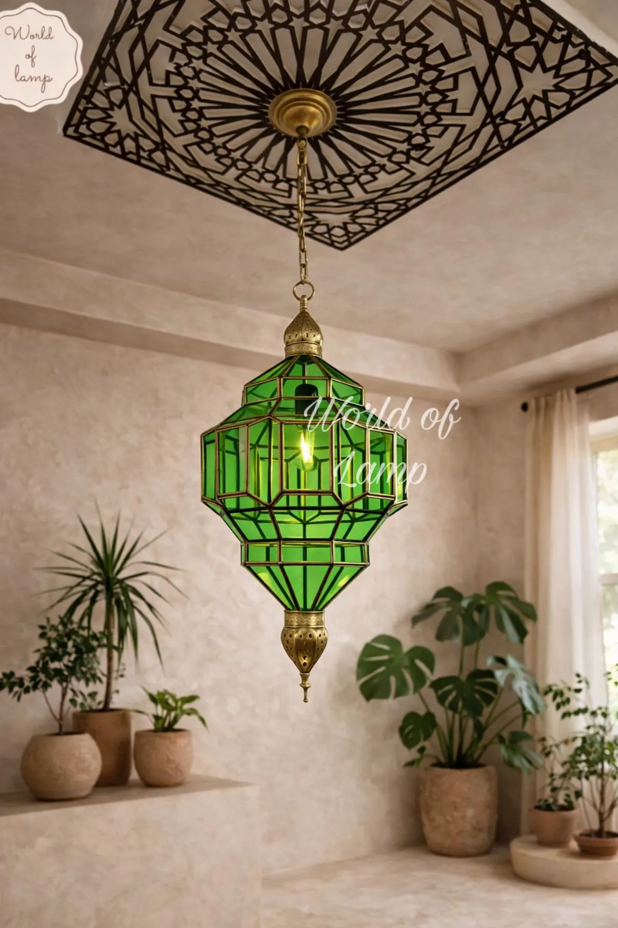 Handmade Moroccan Brass Pendant Light, Green Geometric Lantern, Artisan Marrakesh Lamp