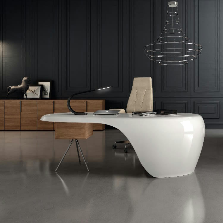 UNO - Bureau direction en polyuréthane blanc caisson noyer