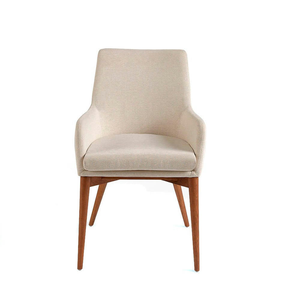 - Chaise en tissu beige et effet bois noyer